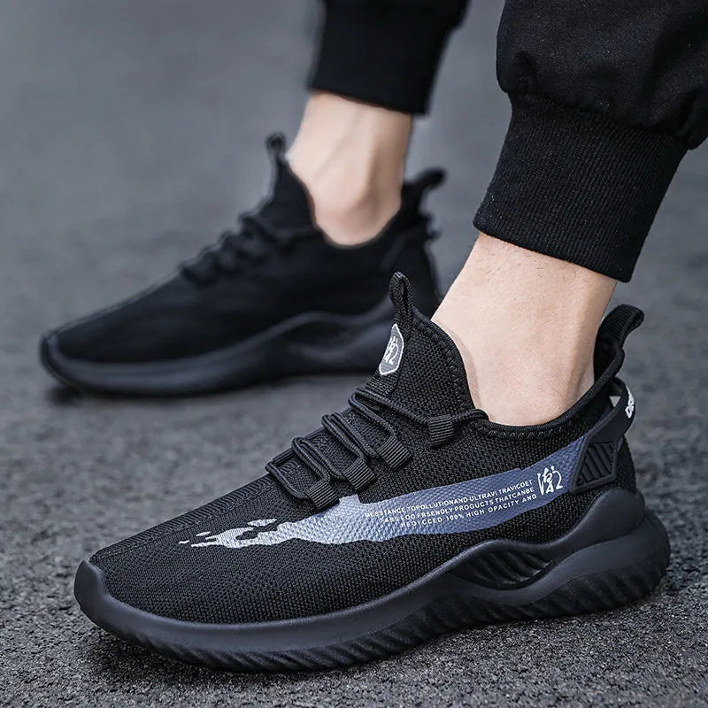 Men's lightweight breathable mesh walking shoes with thick sole in black colour