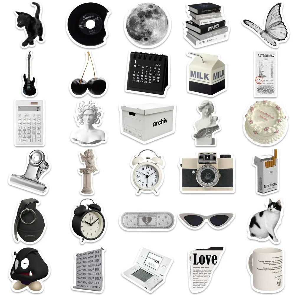 Black and white PVC waterproof sticker set with 61 pieces for laptop and phone decoration