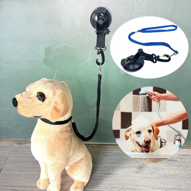 Pet bathing restraint suction cup handcuffs in black and blue with small and large suction cup sizes