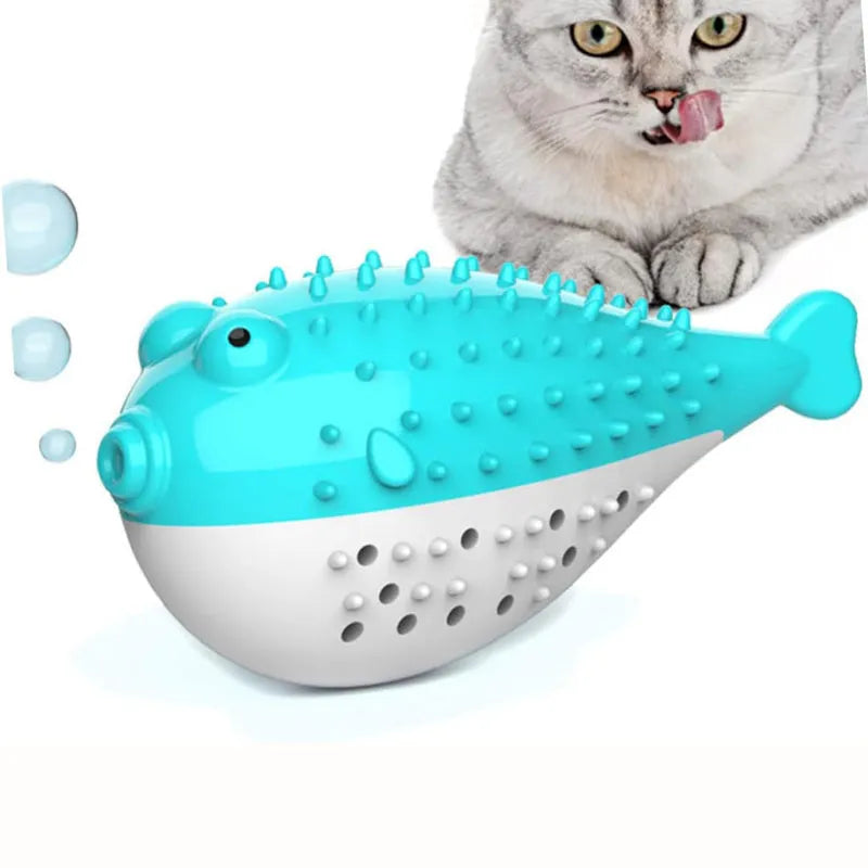Blue silicone fish-shaped cat chew toy for dental cleaning and interactive play