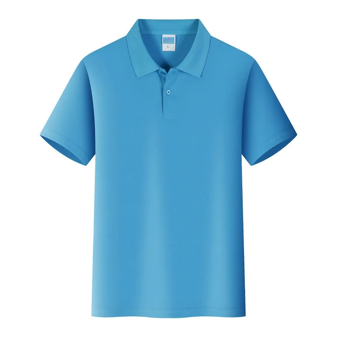 Men's short-sleeved cotton work shirt on a hanger, straight pullover style for embroidery.