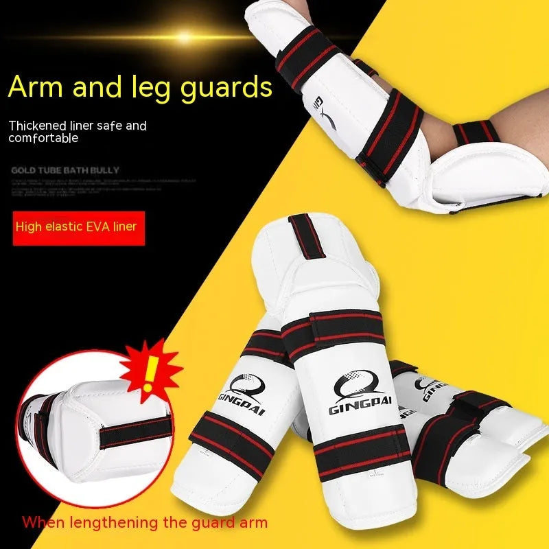 Taekwondo arm and leg protective gear set showing arm guards and leg protectors in standard sizing