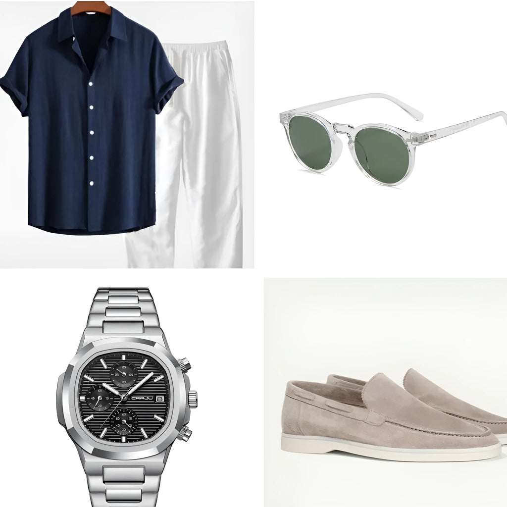 Navy blue casual short sleeve beachwear suit with trousers on a hanger.