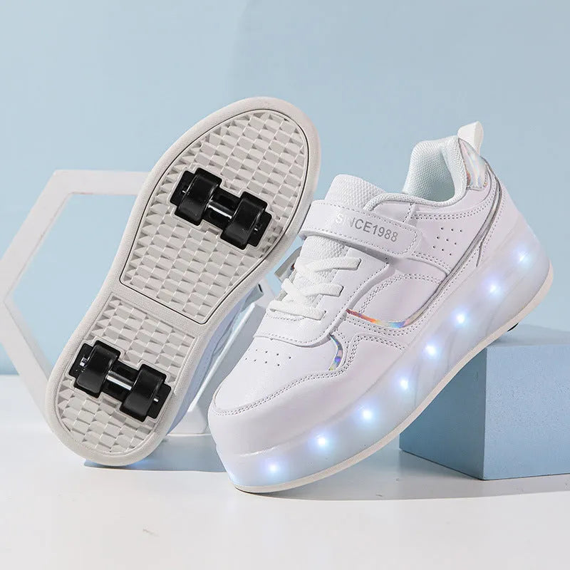 Children's rechargeable roller skates with flashing LED light-up wheels in pink, white, black, and purple colours.