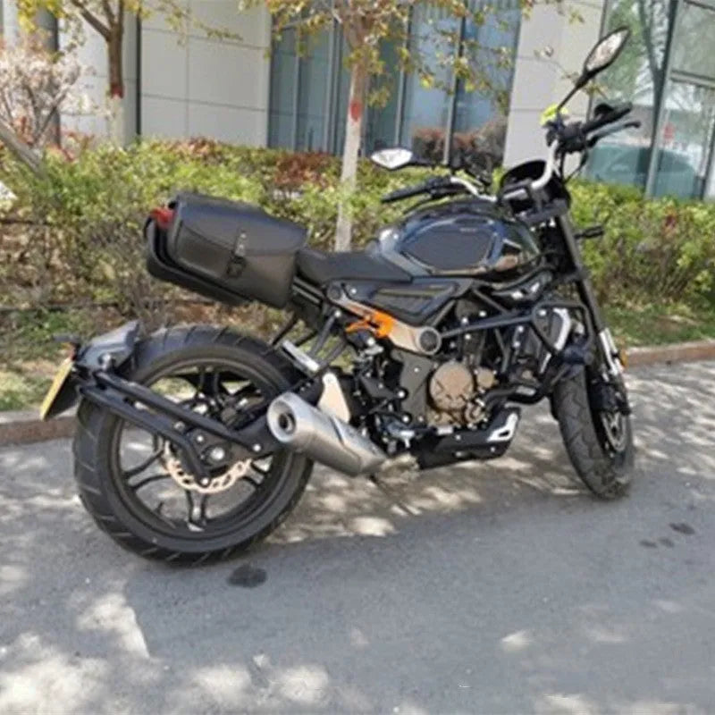 Black PU leather motorcycle swingarm bag for Harley Davidson Sportster showing left and right mounting options