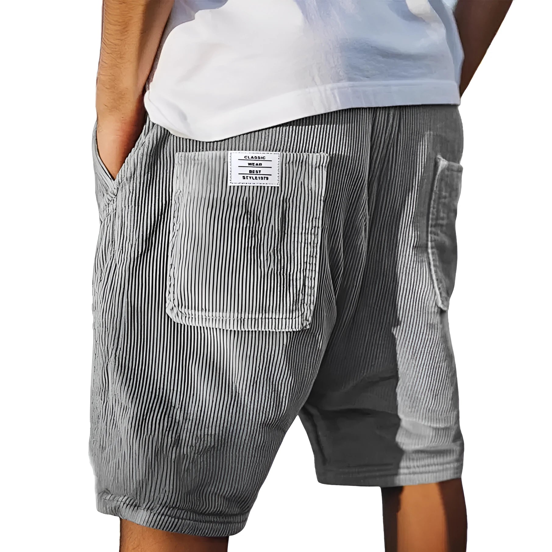 Men's grey corduroy shorts with multiple pockets and embroidery detail, straight-leg summer design