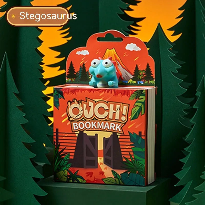 Dinosaur bookmark collection showing Tyrannosaurus Rex, Triceratops, Stegosaurus, Parasaurolophus designs in animation style