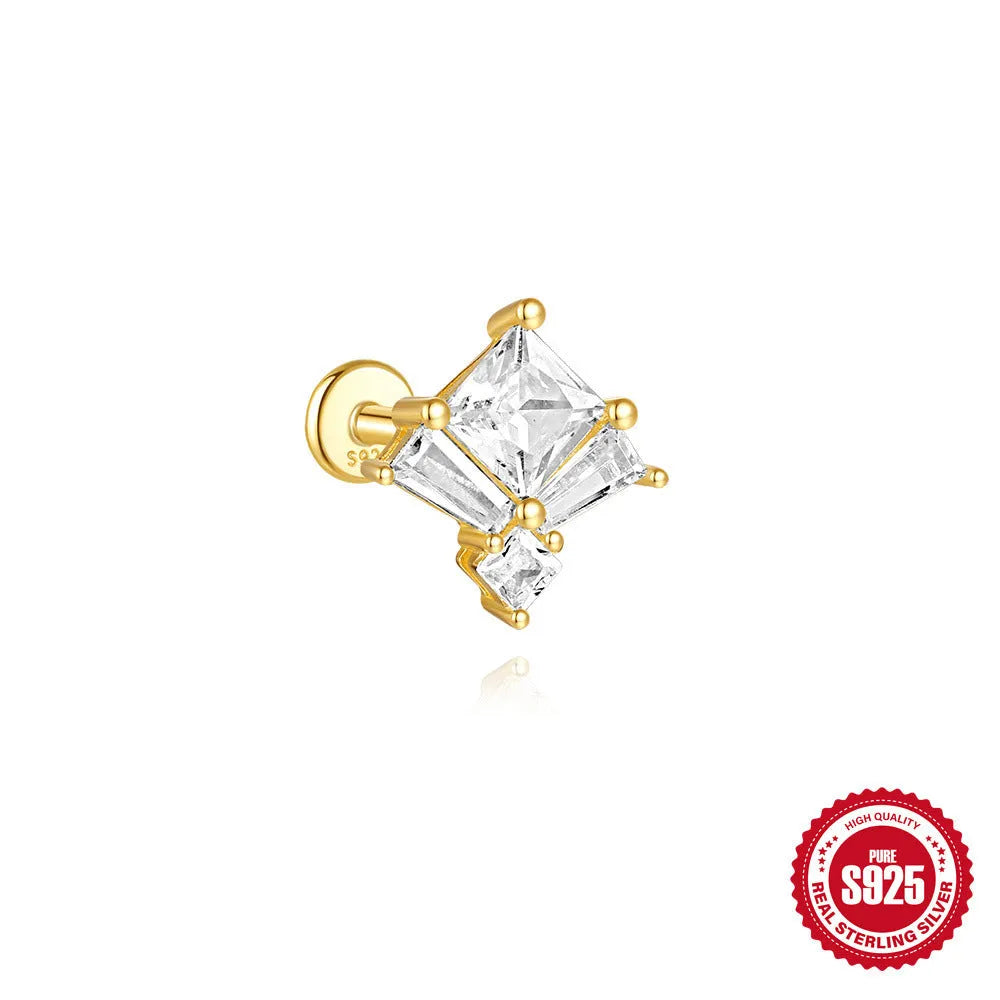 Golden geometric sterling silver earrings with zircon details for double piercings