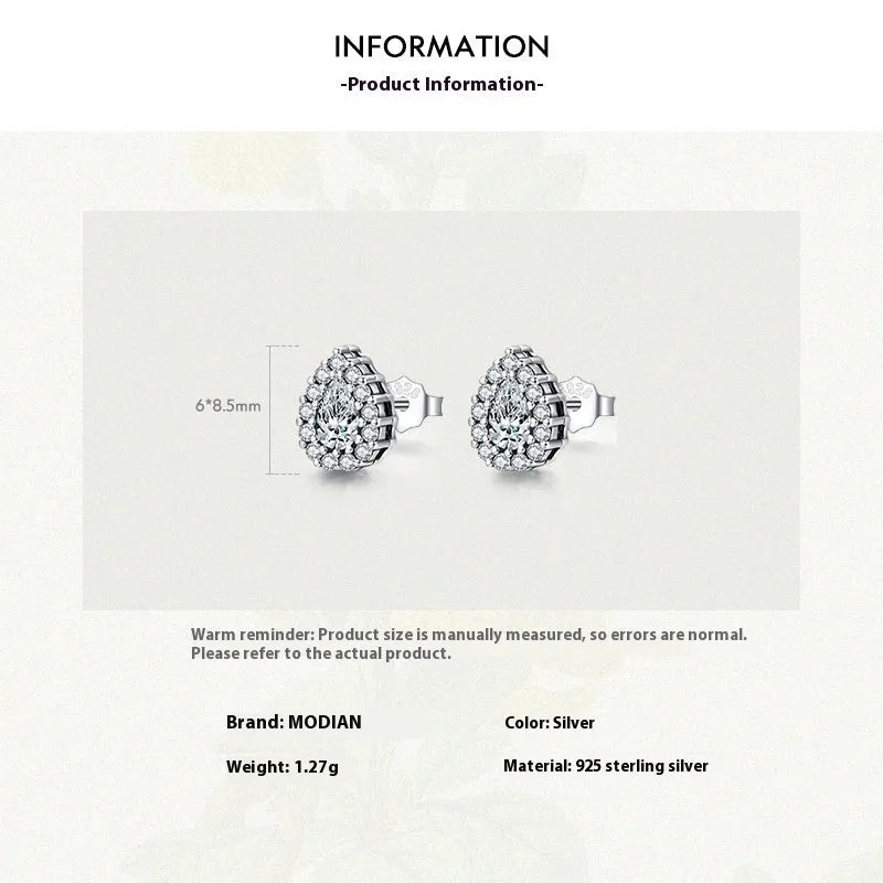 Women's silver drop ear studs with 925 sterling silver and diamond treatment process