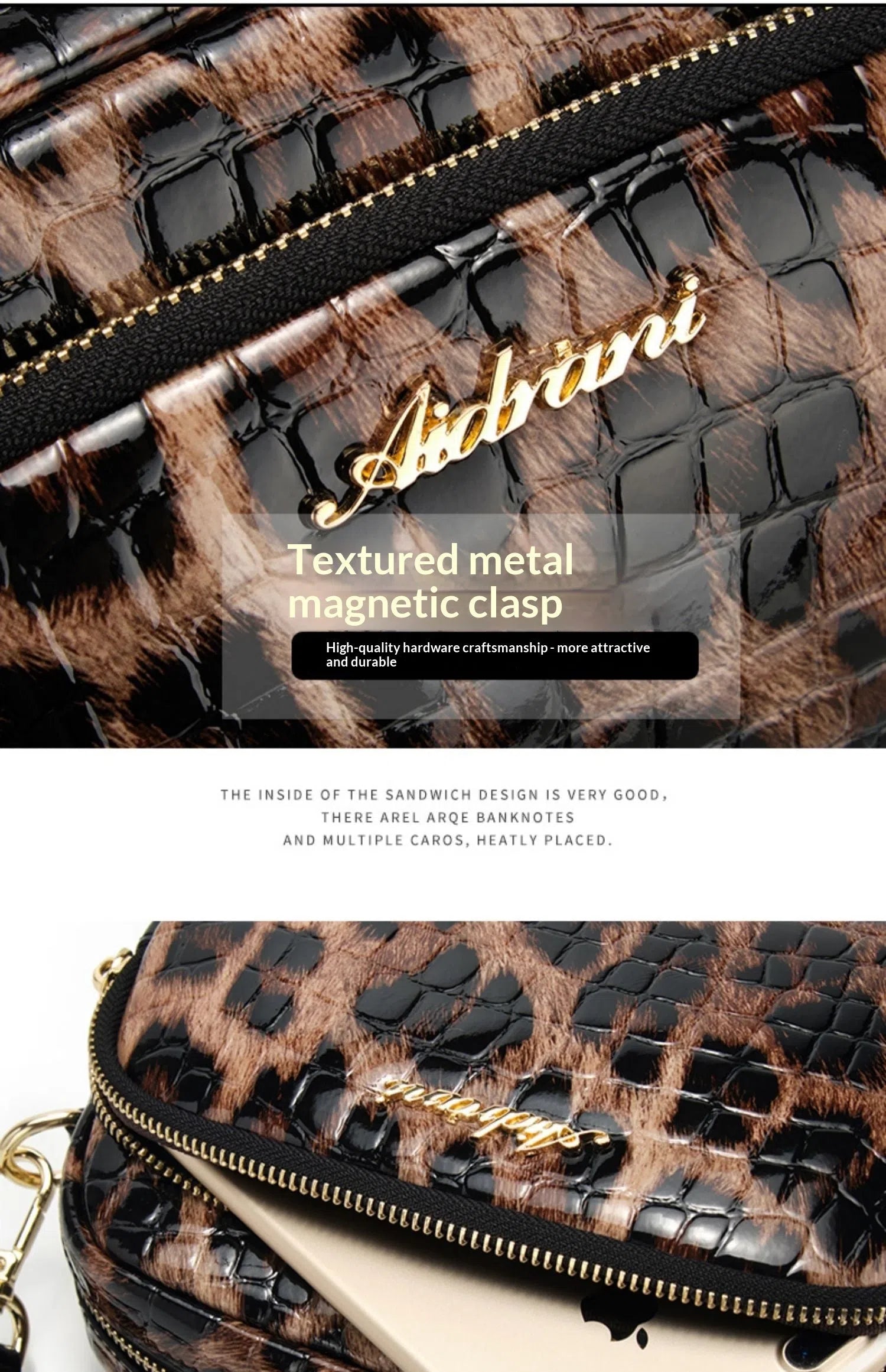 Leopard print crossbody phone bag with PU finish, zip pocket, and 120 cm shoulder strap on neutral background