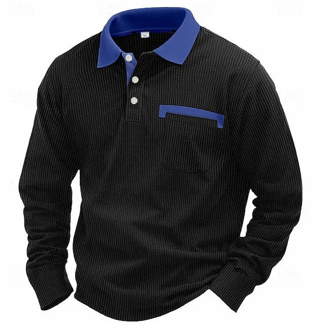 Men's waffle-textured polo shirt in wine red with asymmetric design and long sleeves.