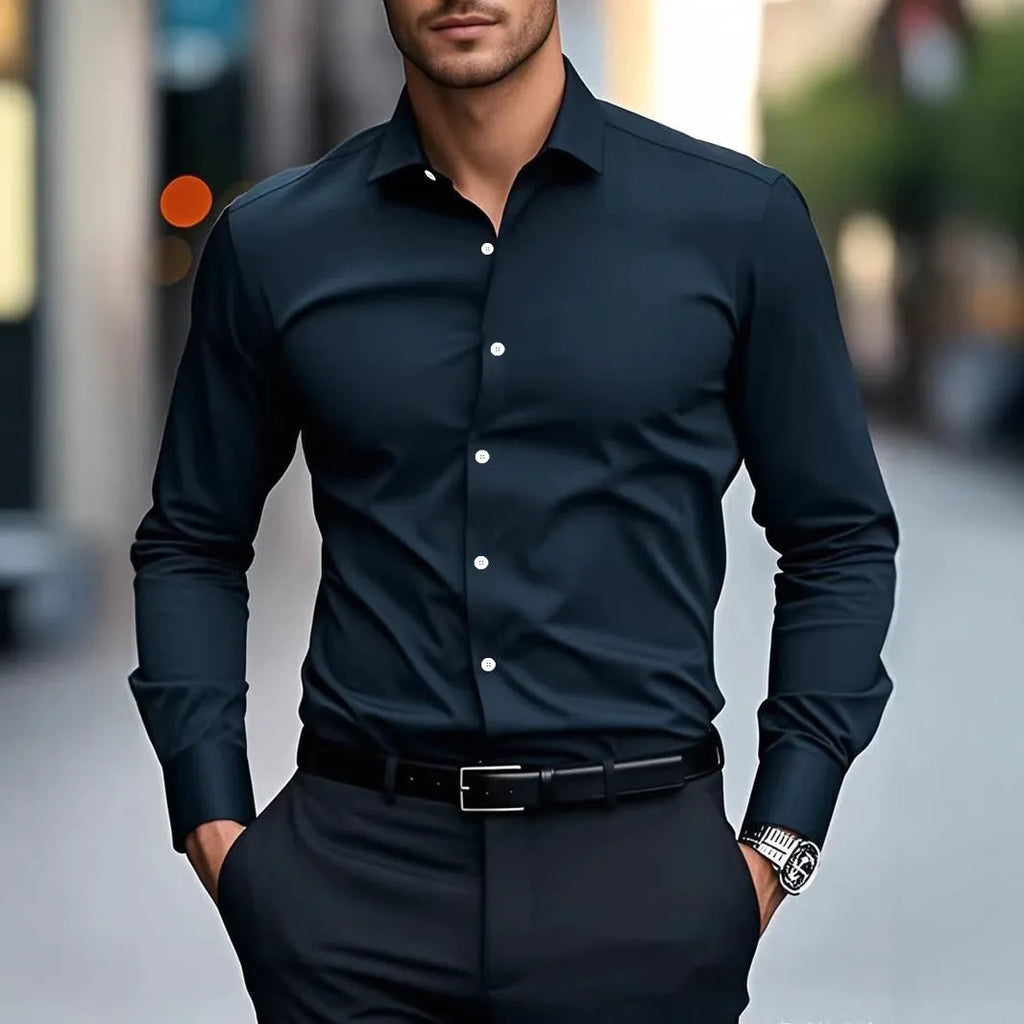 Slim fit long-sleeved solid colour cotton shirt for men, available in multiple colours for business workwear