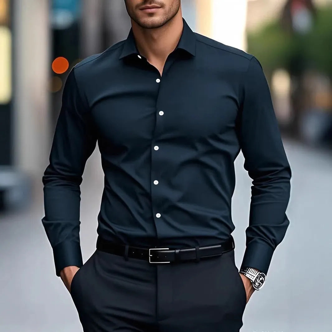 Slim fit long-sleeved solid colour cotton shirt for men, available in multiple colours for business workwear
