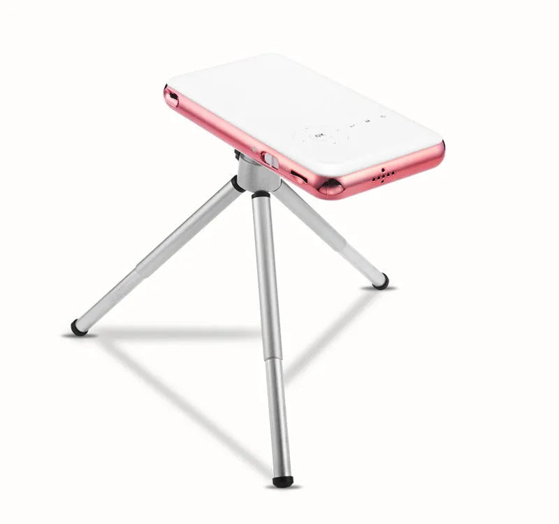 White and rose gold miniature Android DLP projector showing compact 145x80x17.5mm dimensions with projection lens