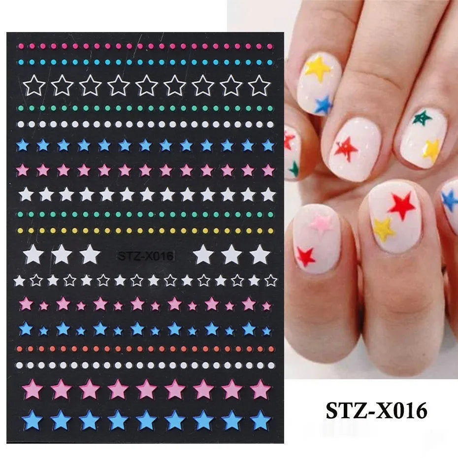 Close-up of a cartoon-style nail sticker with black and silver strips and a love pattern design on a fingernail.