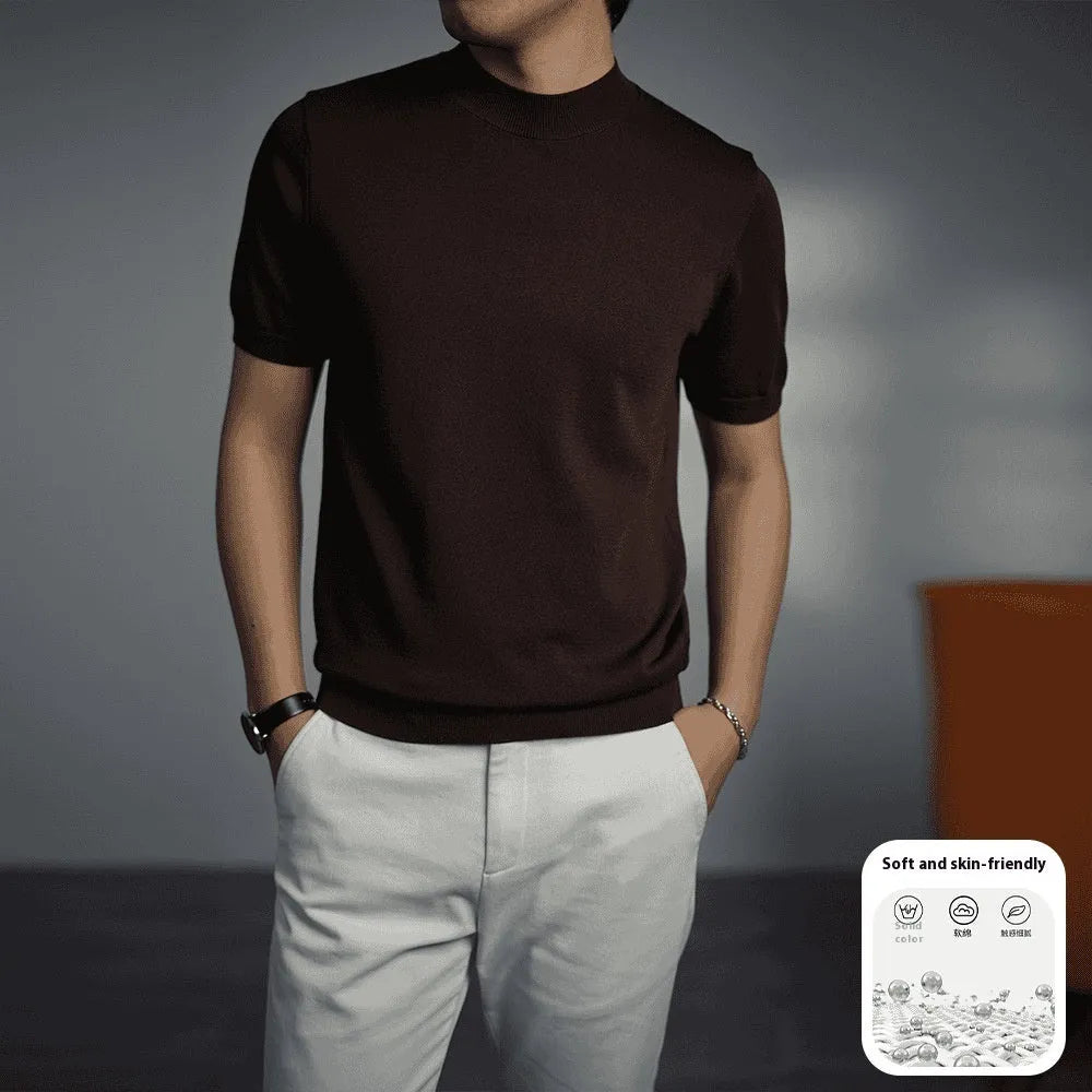 Men's knitted T-shirt with round neck and short sleeves in chemical fibre blend fabric