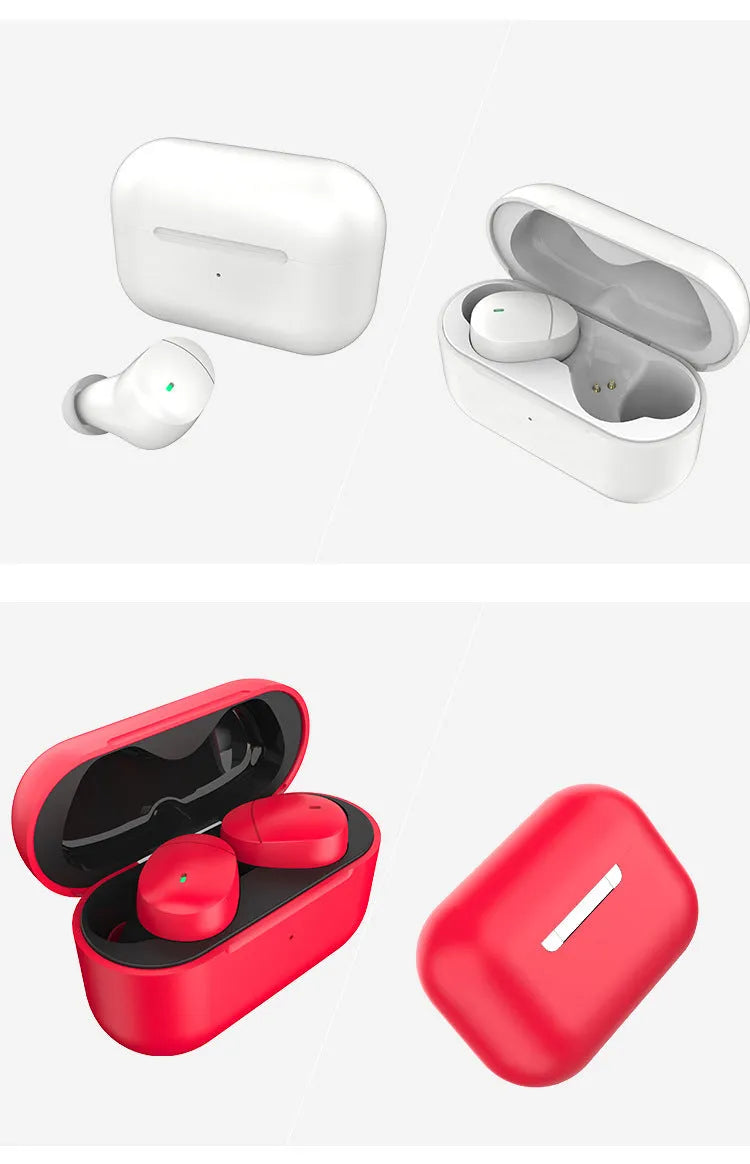 Flame red Qualcomm TWS 3040 true wireless Bluetooth earbuds with charging case.