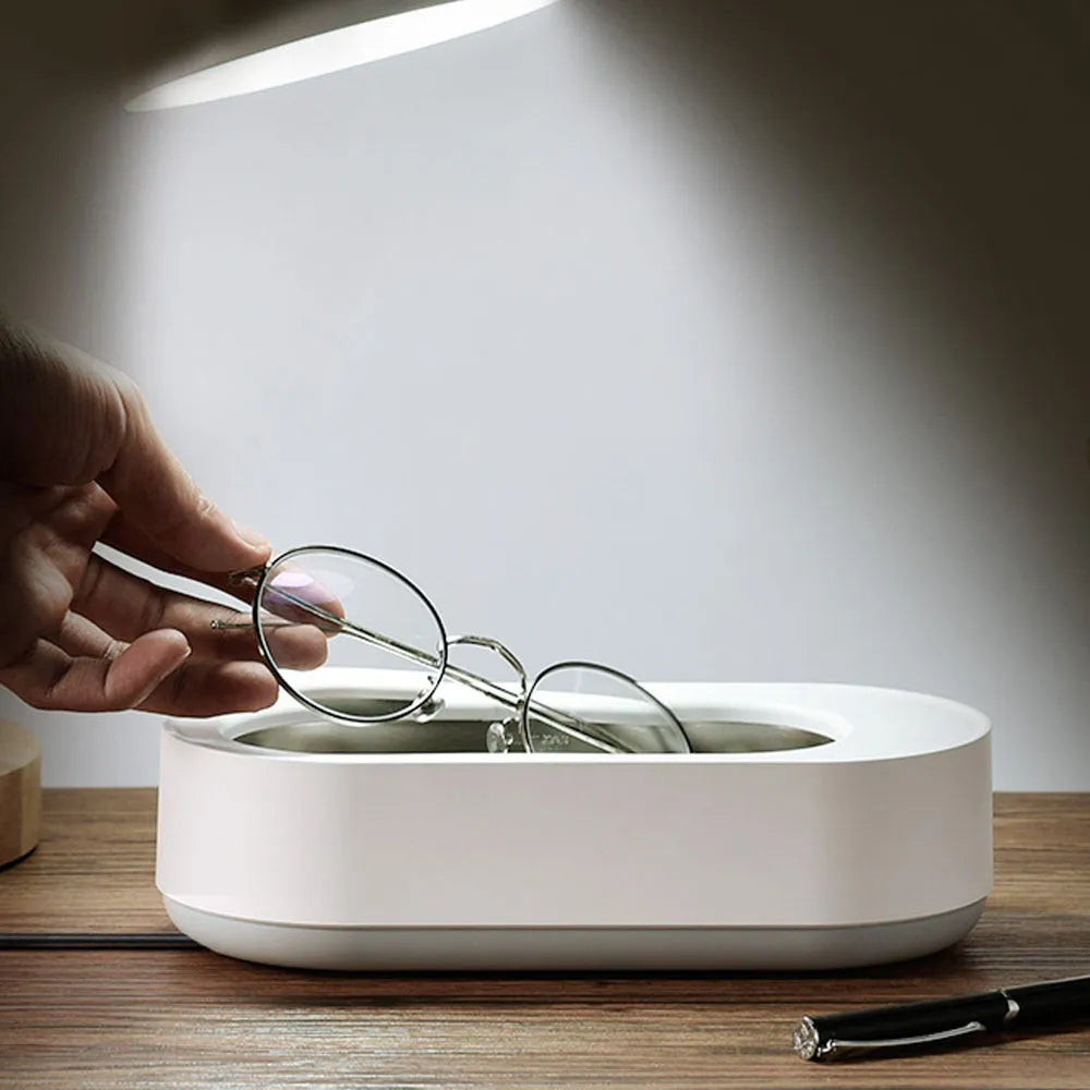White portable ultrasonic cleaner with stainless steel tank for jewellery glasses watch cleaning