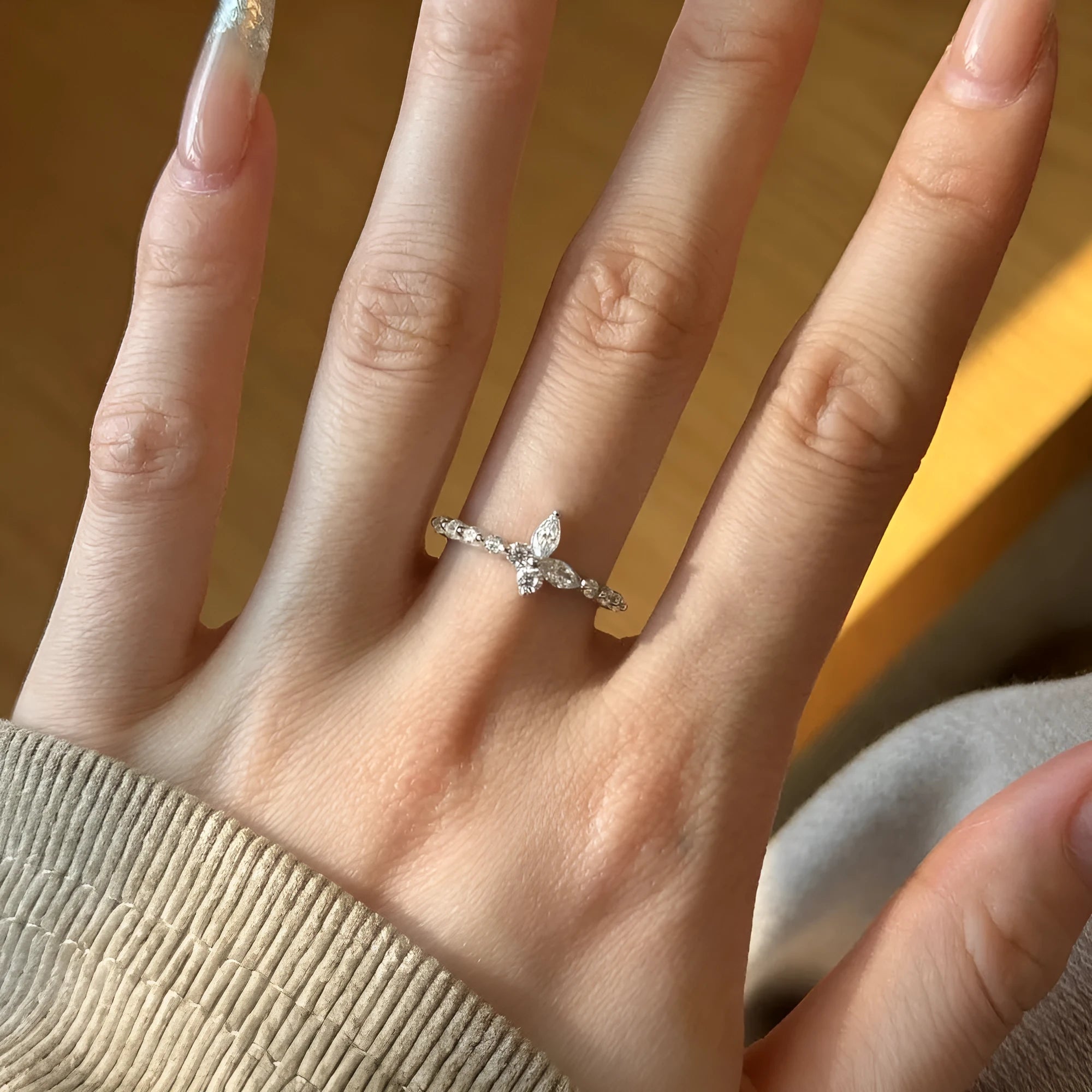 S925 sterling silver ring with butterfly pattern and horse eye zircon inlay, white gold colour finish for women