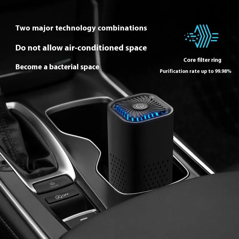 Mini black and white USB car air purifier with filter for small spaces.