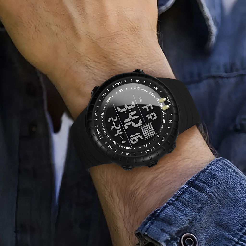 Black men's waterproof digital outdoor watch with large dial and adjustable PU strap