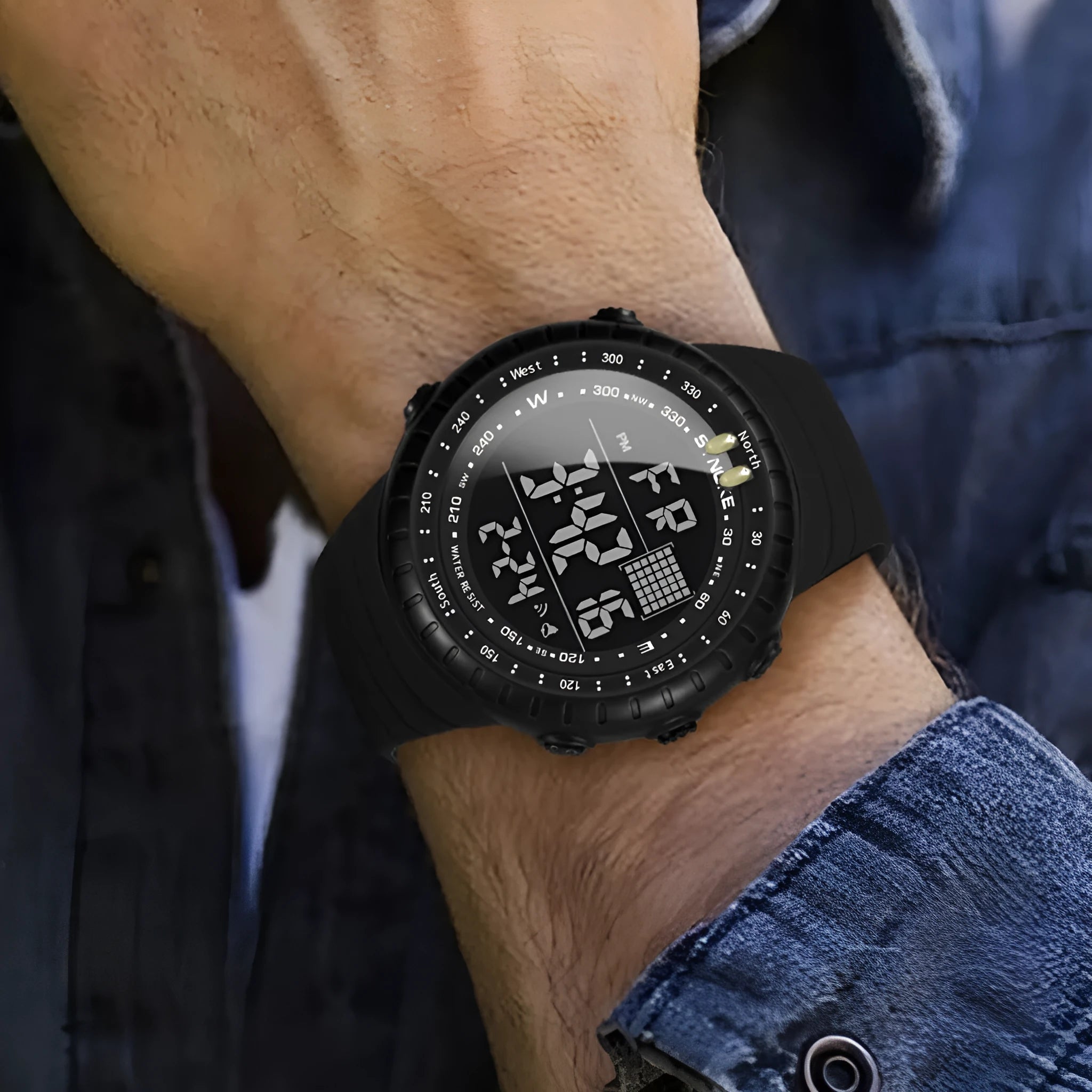 Black men's waterproof digital outdoor watch with large dial and adjustable PU strap
