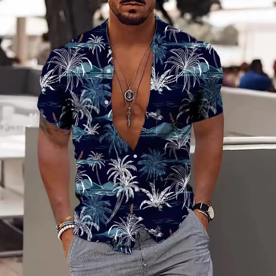 Men's loose fit floral print short sleeve shirt in polyester fabric for summer casual wear