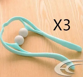 Blue plastic hand-held neck massager with adjustable rollers on a flexible stand.