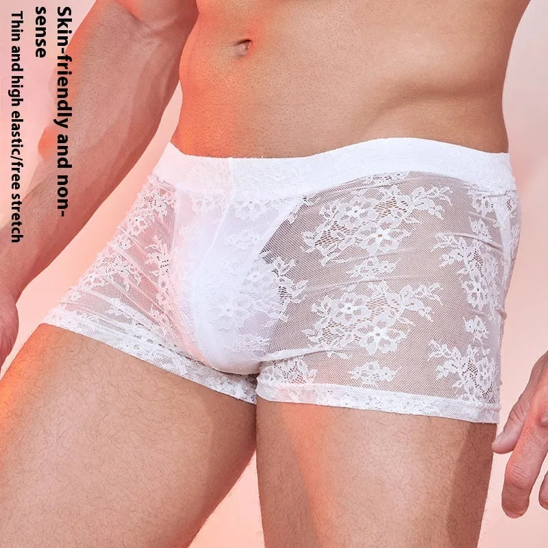 Men's Fashion Personality New Lace boxers in black, white, and red colours, made from nylon fabric.