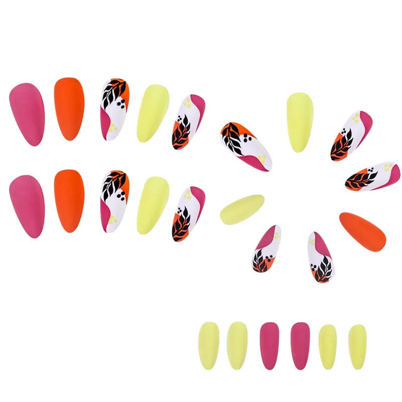 Wear Armour Medium Almond Frosted Nail Stickers set showing four patterns: French leaf, colourful plating, macaron, and leopard print.