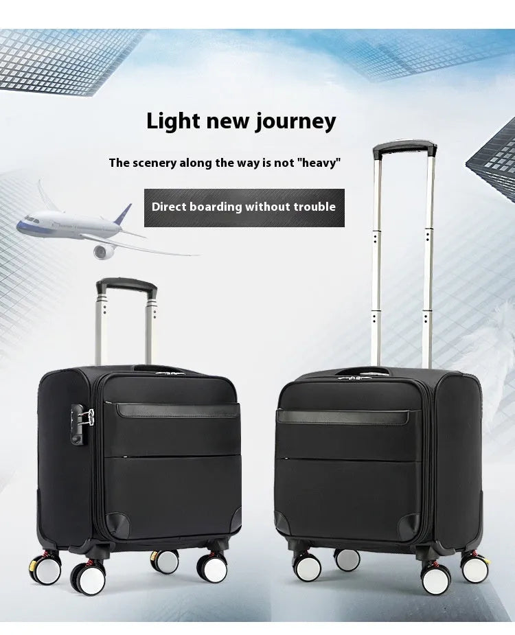 Black 18-inch Oxford cloth business suitcase with pull handle and universal wheels.
