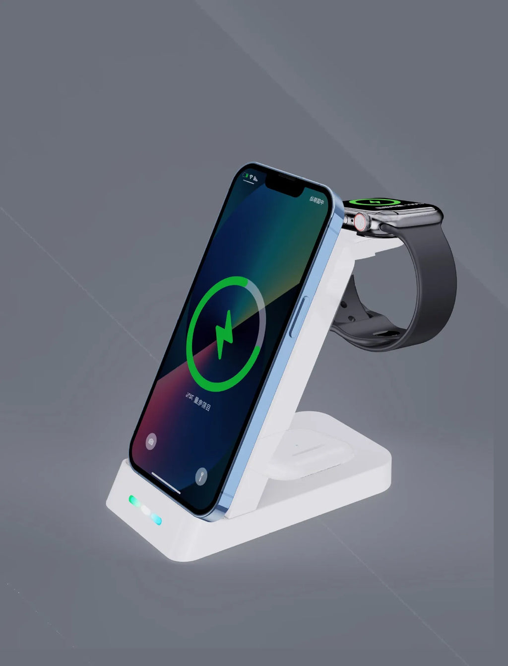 Black or white 3-in-1 wireless charging stand for phone, AirPods and watch, showing phone in stand mode.