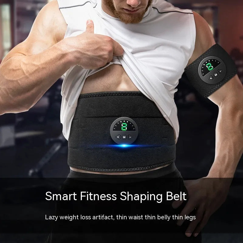 EMS fitness belt waist massager with silicone waistband, arm and abdominal patches, and USB cable