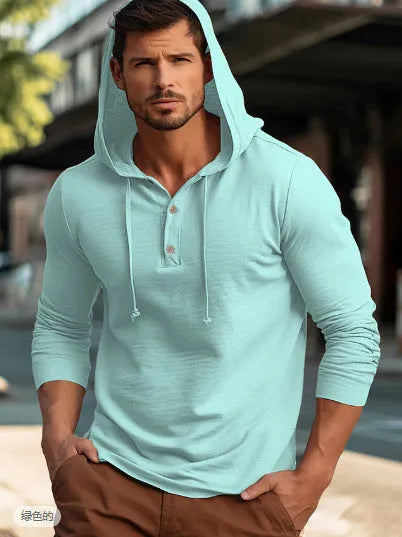 Cotton pullover hoodie in dark blue, apricot, black, blue, white, or light green.