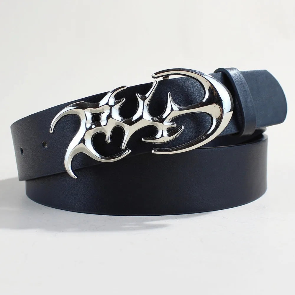 Silver buckle casual belt with snap button fastening on PU leather strap