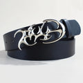 Silver buckle casual belt with snap button fastening on PU leather strap