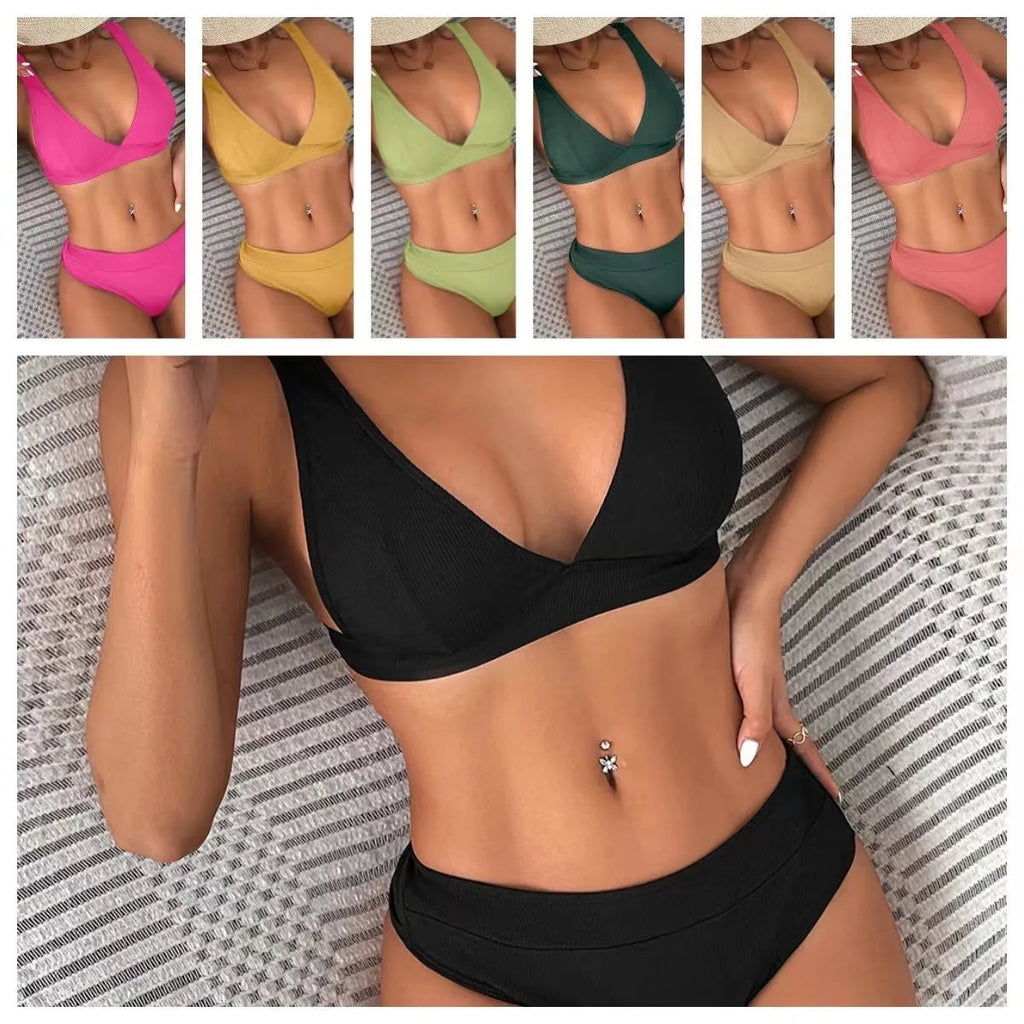 Women's rib lace-up split bikini swimsuit set in multiple colours with various style options