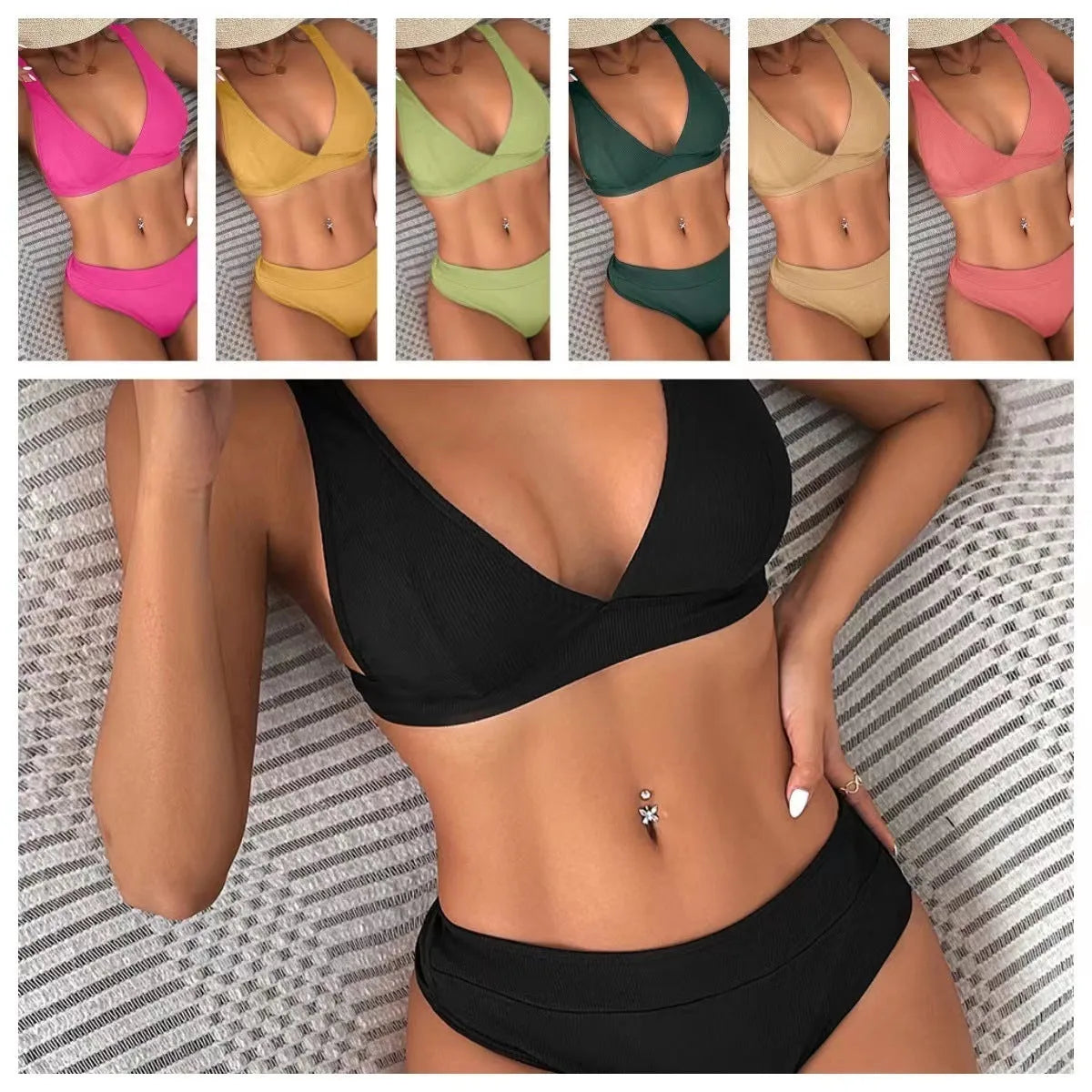Women's rib lace-up split bikini swimsuit set in multiple colours with various style options
