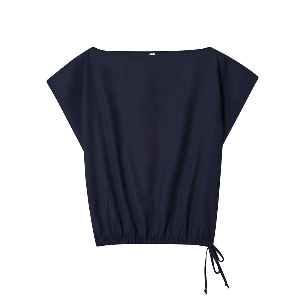 Women's linen blend off-neck shirt with flounced sleeves and wide leg trousers suit set.