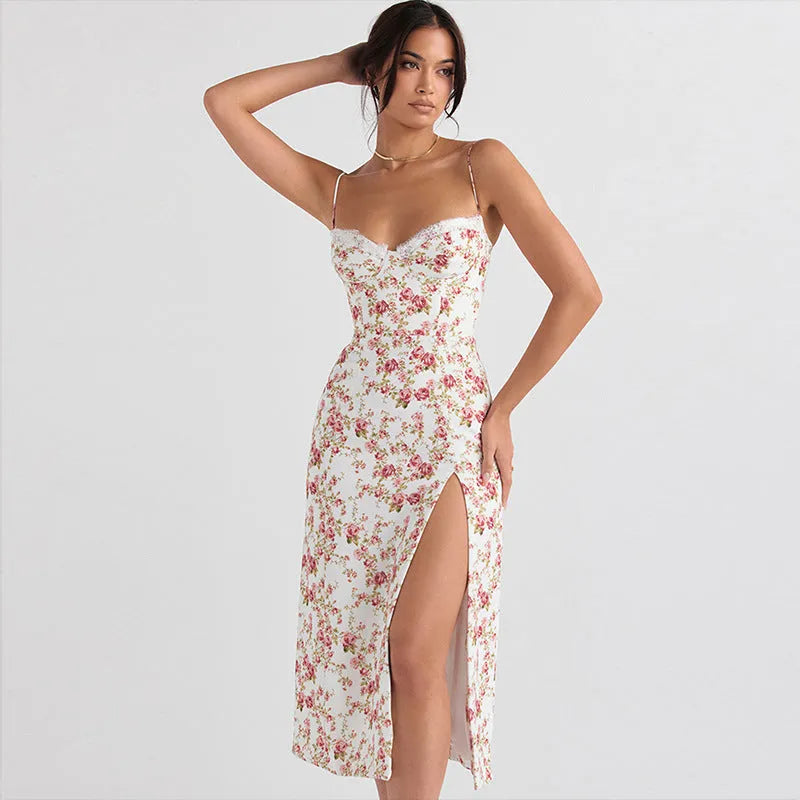 Lace flowers print long dress with front slit and suspender straps in solid colour options