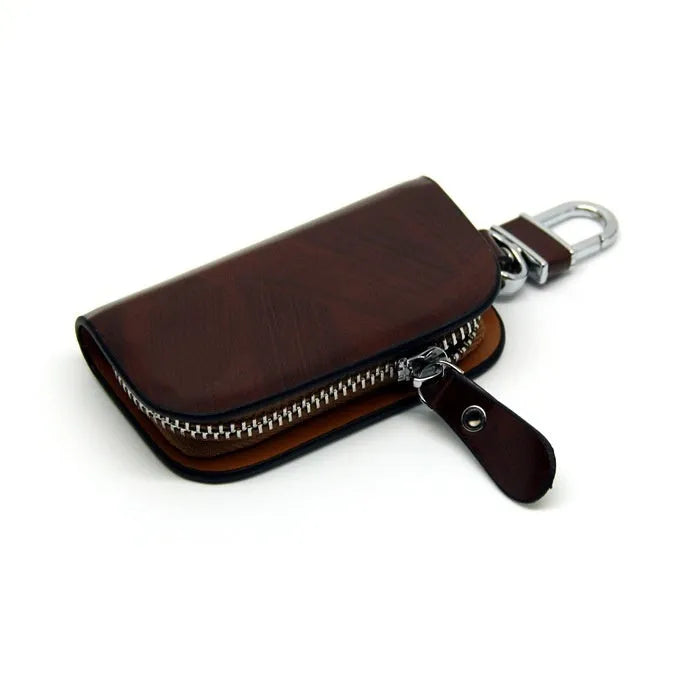Genuine leather car key case with frosted finish showing black and brown colour options
