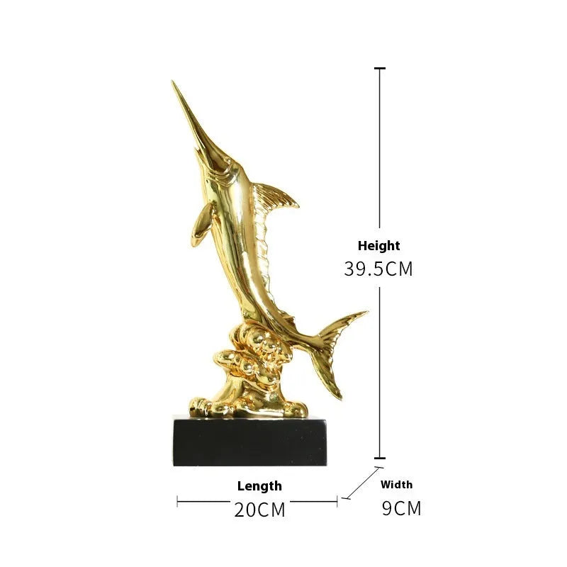 European stylised swordfish resin and plastic decorative ornament on a shelf.