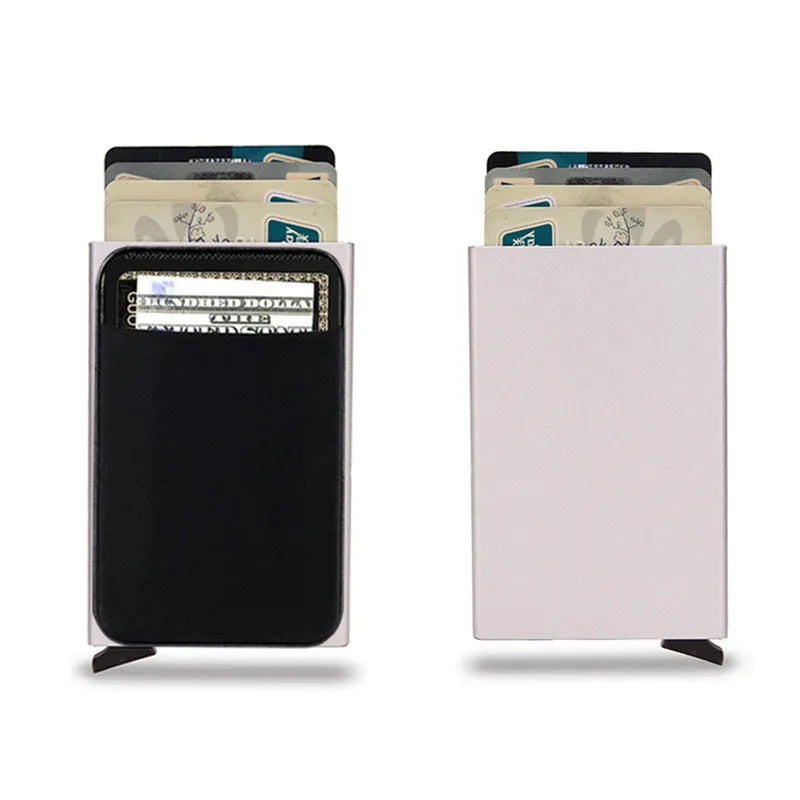 Metal credit card holder with RFID blocking in frosted aluminium alloy showing colour options