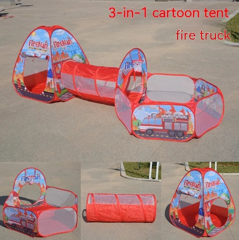 Cartoon marine themed three-in-one children's fabric play tent with ball pool tunnel