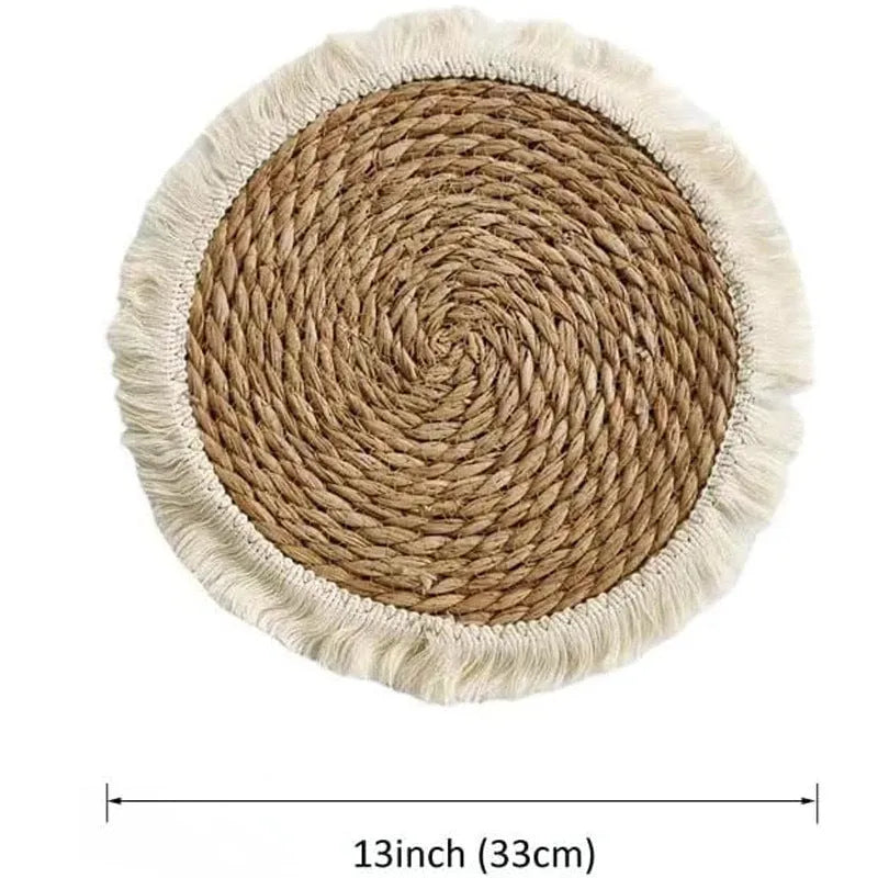 Round Japanese straw placemat with decorative tassels in natural papyrus material