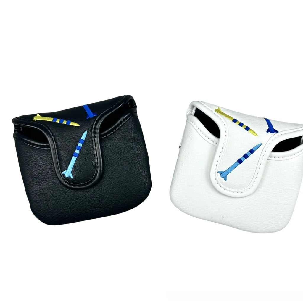 Rocket pattern square putter protective sleeve in black and white PU leather for golf club storage