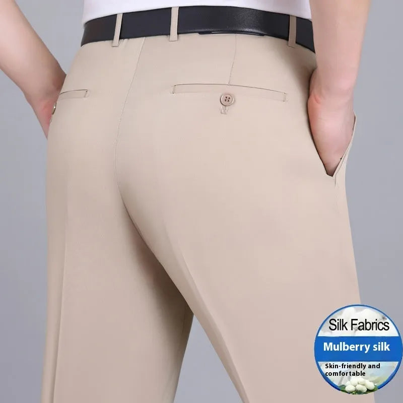 Men's straight-leg business trousers in mulberry silk blend fabric with high waist design