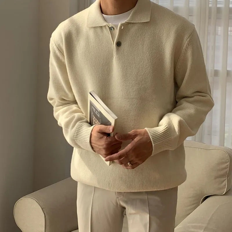 Men's loose lapel polo sweater in beige, polyester long sleeve pullover, available in multiple sizes