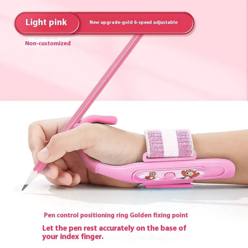 Blue anti-hook wrist brace and pen control corrector for children's writing posture on a table.
