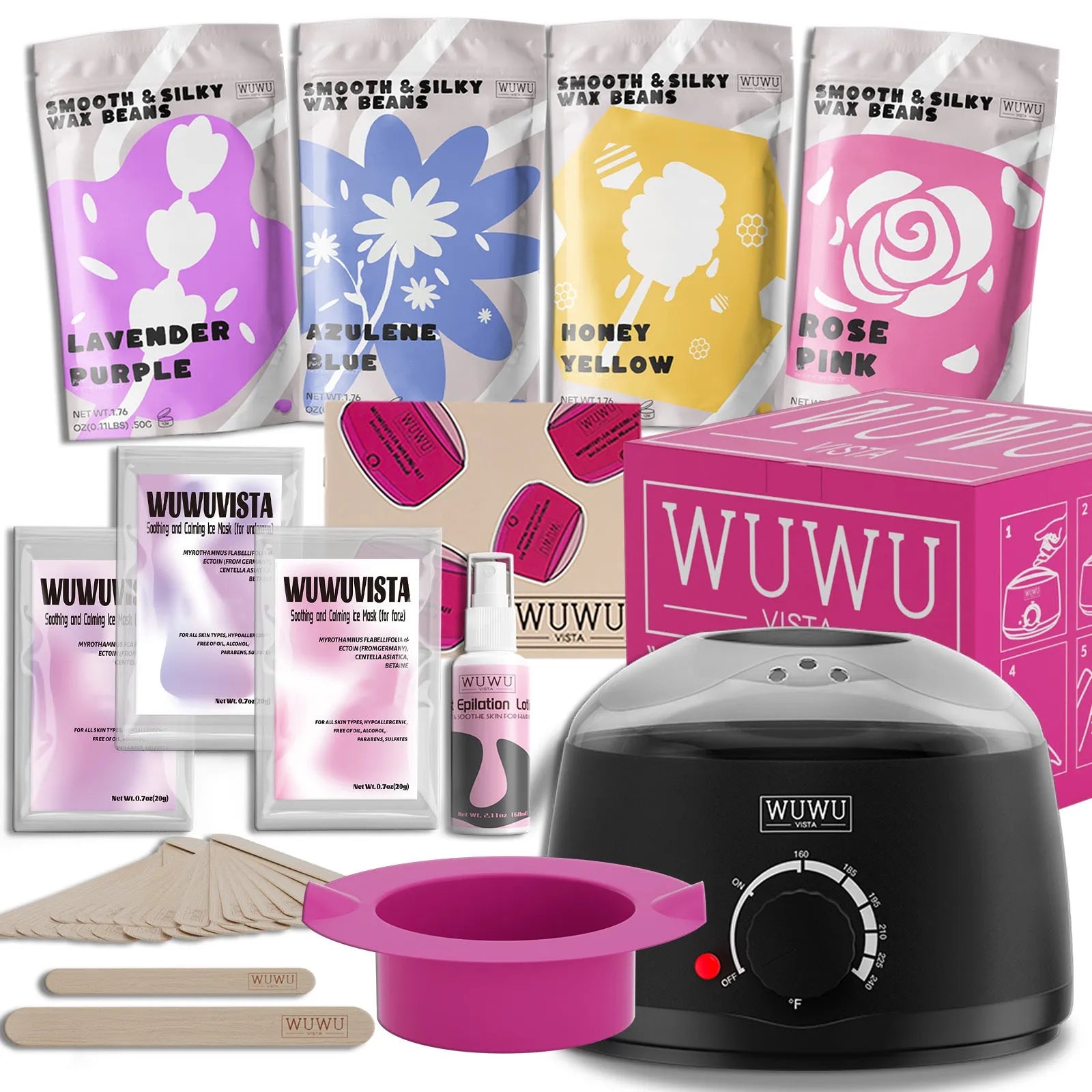 Portable waxing kit with black wax warmer, four coloured wax beans, facial and body sticks, and aftercare products